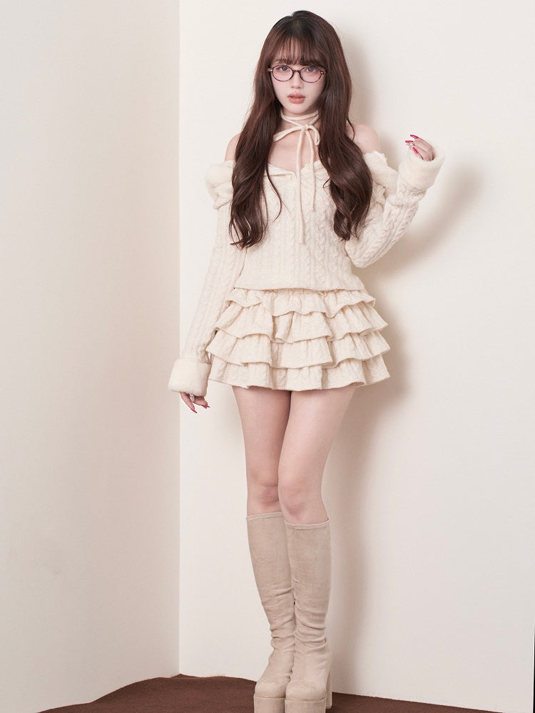 White Skirt Knit Jirai Multi-Layered Ruffle Kei