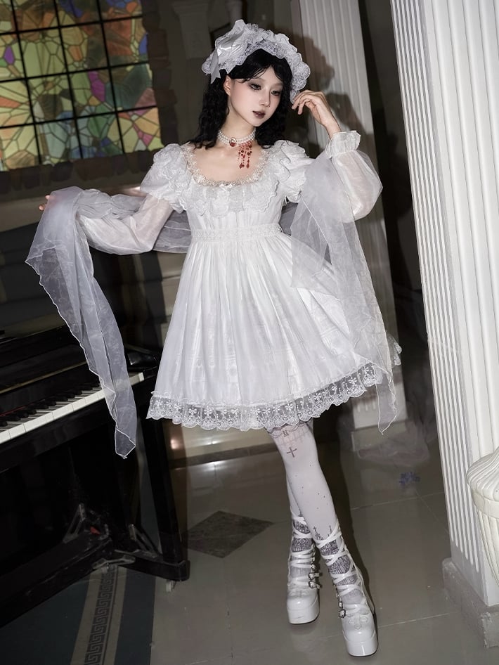 Short Version Gothic Print Lolita Trim Dress Cross Lace Neckline Goth Castle White Square