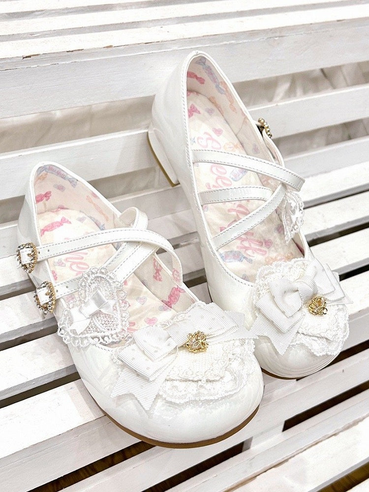 Sweet Mary Rhinestone Low-heel - Closure Heart White Janes