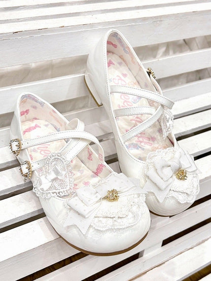 Sweet Mary Rhinestone Low-heel - Closure Heart White Janes