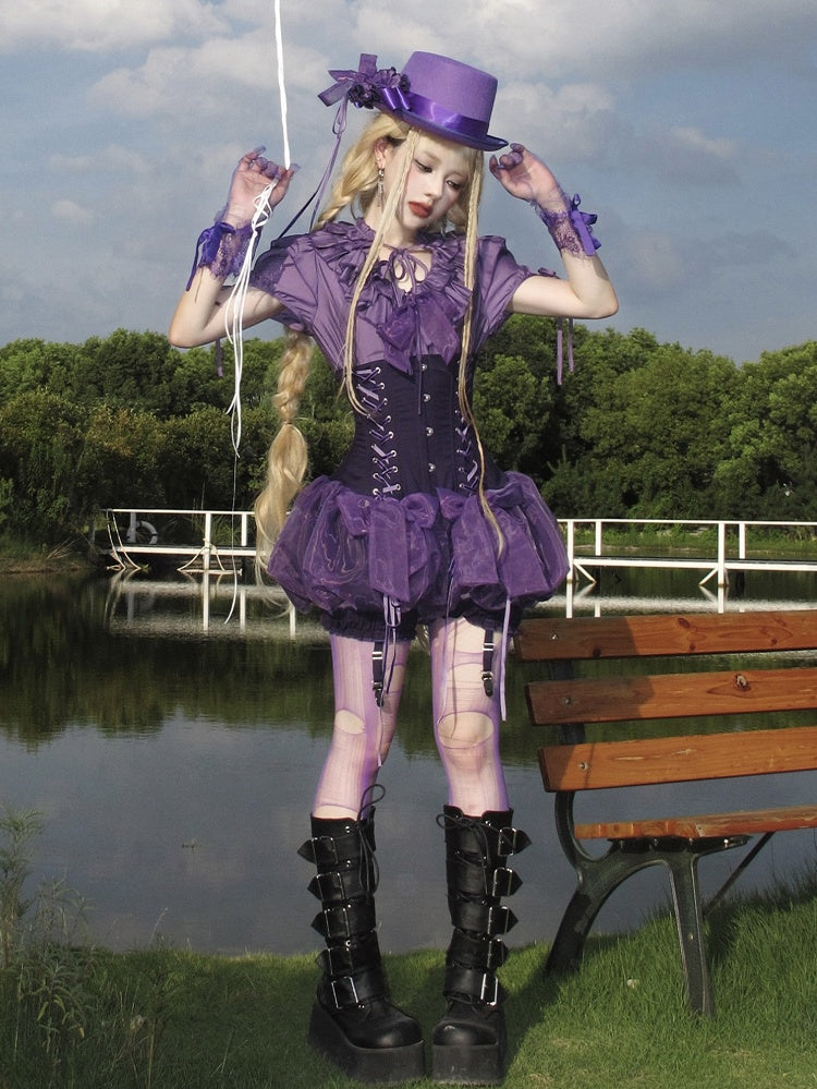 Gothic Lolita Ruffles Waist Purple Neckline with Elastic Layered Smocked Blouse