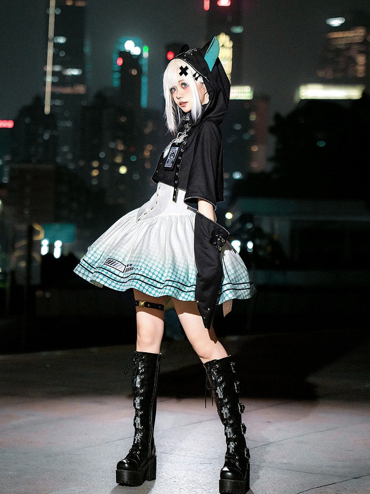 Electronic Cat Cutout Hooded Crop Top & Self-Tie Gown in Black Blue - Xiong Dou Jiang