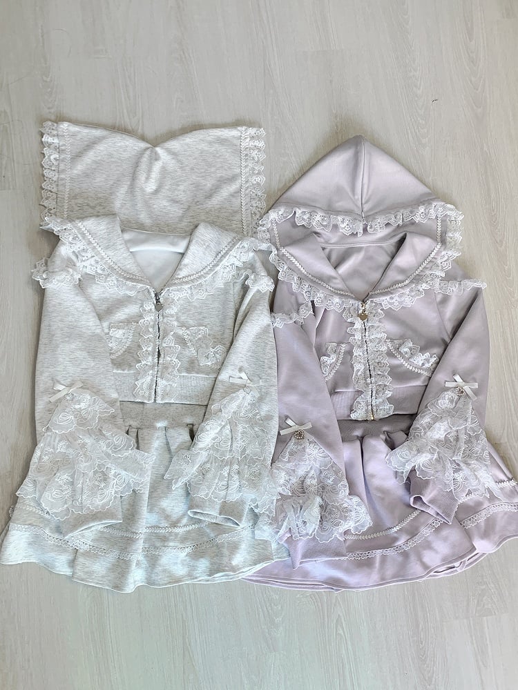 Collar Skirt Closure Sports Set- Sailor Trim Zip Hoodie+Lined Lace Ruffled Gray Jirai Kei