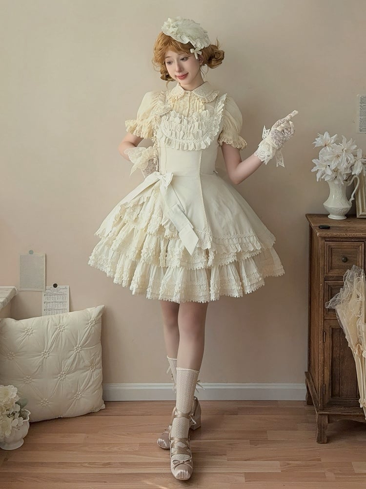 Jumper Slim Lolita Beige Fit Tiered Waist Elegant Skirt