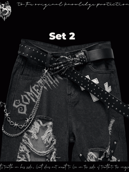 Y2K Black Cross Appliques Jeans Glamorous Criss-cross Straps Distressed Holes