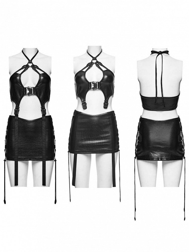 2-Way Adjustable Strap Black Punk Corset Top and Skirt Set - Punk Rave
