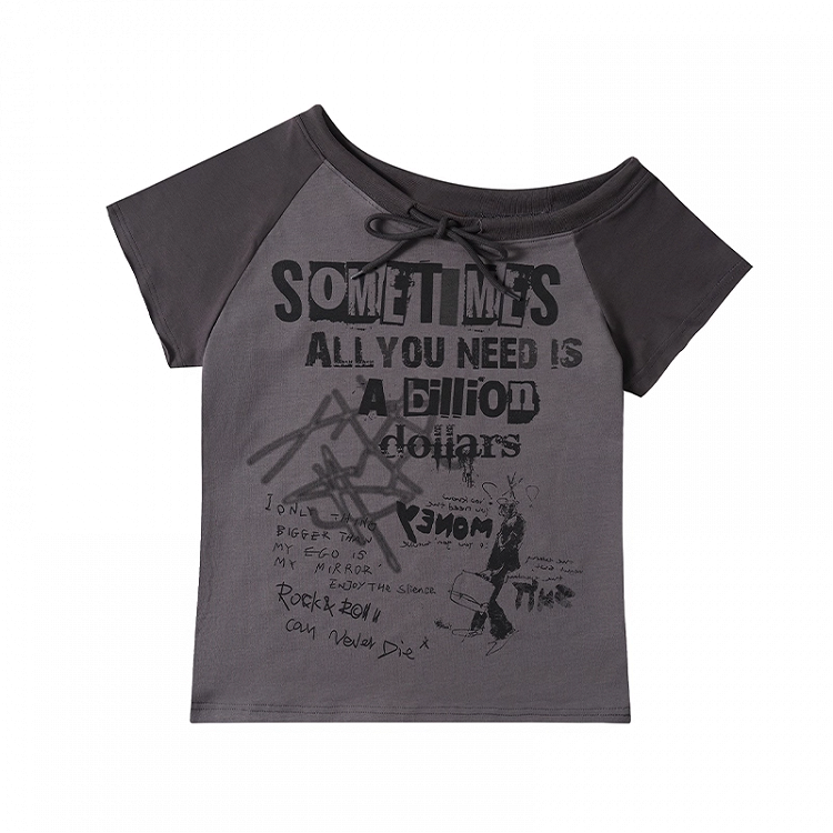 Neckline Gray/Apricot Design Graphic Colorblock Asymmetrical T-shirt Self-tie