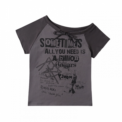 Neckline Gray/Apricot Design Graphic Colorblock Asymmetrical T-shirt Self-tie