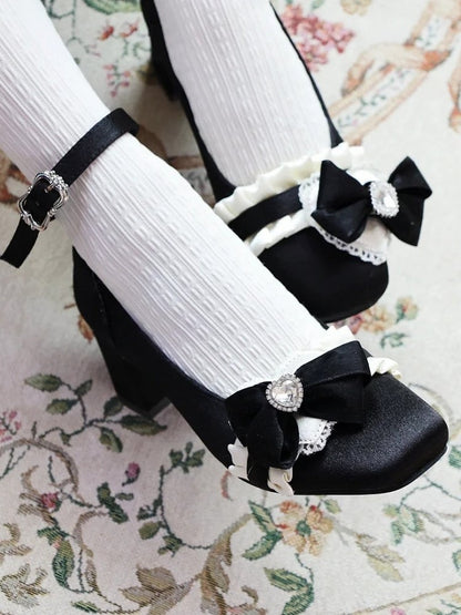 - Lolita Mid Black Heels Sophisticated Square Toe