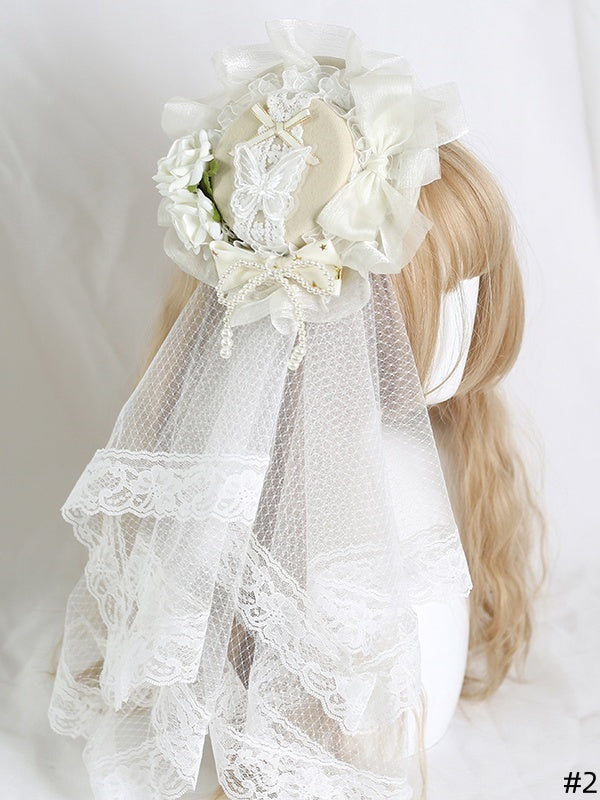 Lace Hat Bowknot Lolita Mini Star-patterned Gorgeous Veil Beige +
