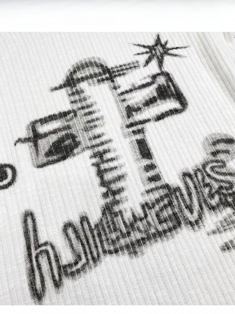 Weißes Y2K-Top mit Ärmeln, asymmetrischer langer Print-Ausschnitt +