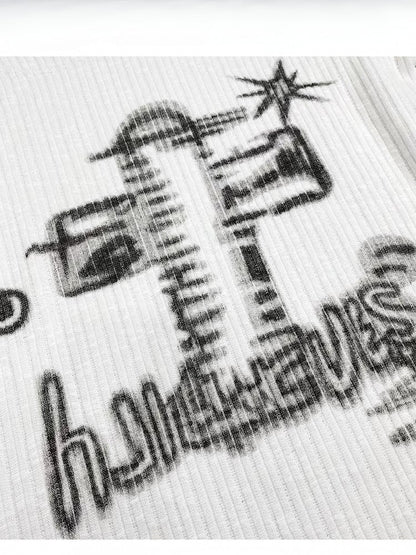 Ausschnitt + Y2K asymmetrisches weißes Langarm-Design-Print-Top