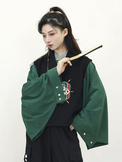 Unisex with Floral Black Fringe Detachable Vest Embroidery Style - Chain Chinese V-Neck