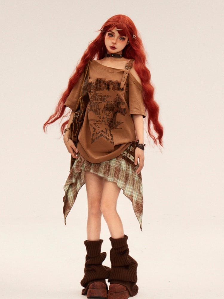 Fashion Gyaru Asymmetrischer T-Shirt Ausschnitt Leopard Kreuz Applikation Braun