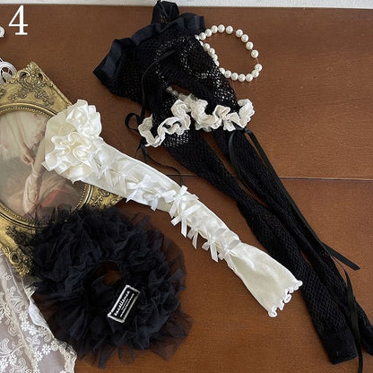 Bowknot Fishnet Loop Design Cut-out Tights/White Ruffle Lace Warmers/Black Black Leg