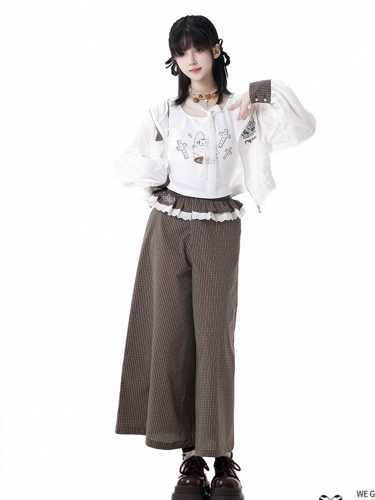 フリルレーストリムウエストワイドレッグパンツ ブラウンチェック