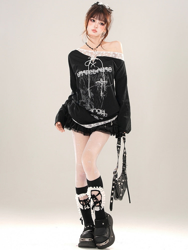 Black Asymmetrical Neckline Lace-up Detail Graphic Top