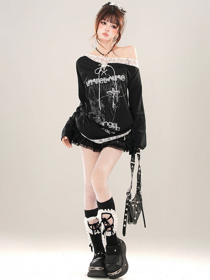 Black Asymmetrical Neckline Lace-up Detail Graphic Top