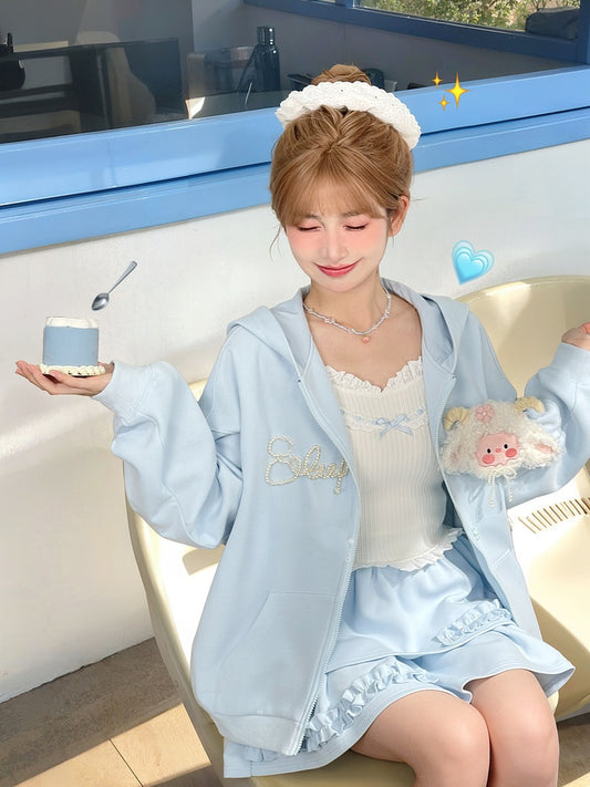 Yume Kawaii Blue Plush Lamb Knitted Floral Zip Closure Hoodie