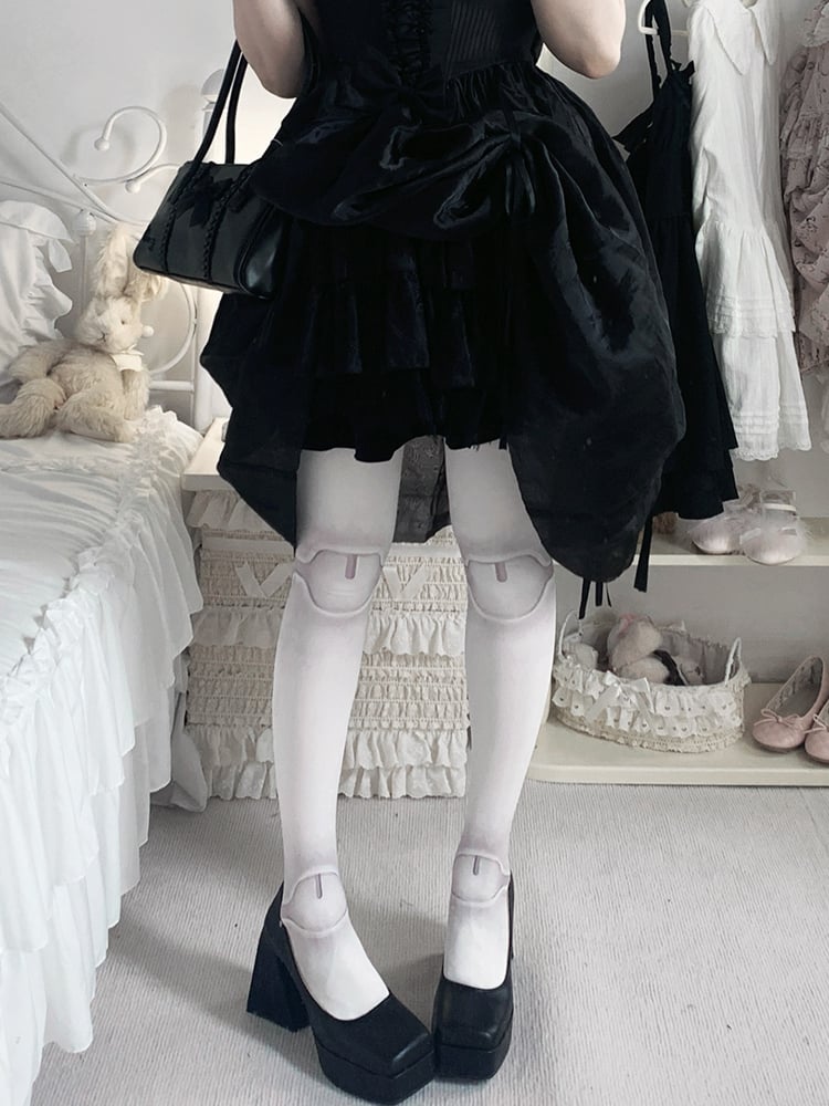 ピンク/ブラックとグレーの膝と足首の関節プリントベルベットタイツ