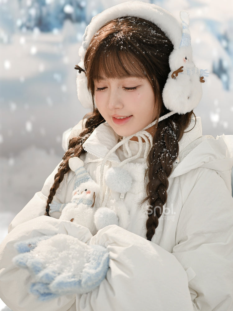Cute Snowman Adorned White Hooded Puffer Down Jacket Bubble Silhouette