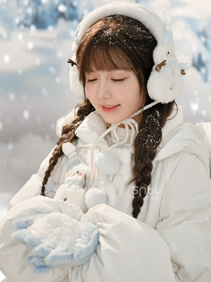 Cute Snowman Adorned White Hooded Puffer Down Jacket Bubble Silhouette