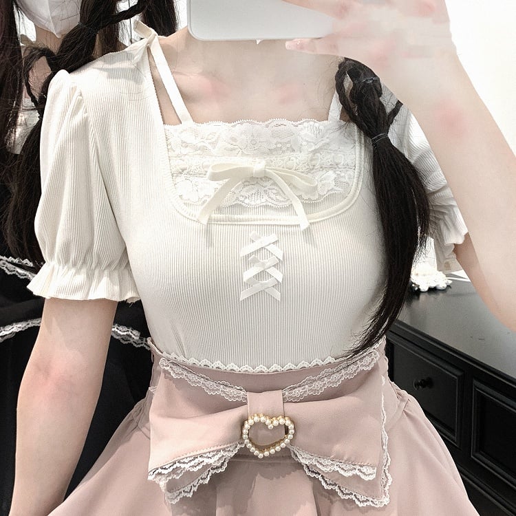 Puff Sleeves Blouse Details Pink/White/Black Lace Trim Jirai Kei Bowknot
