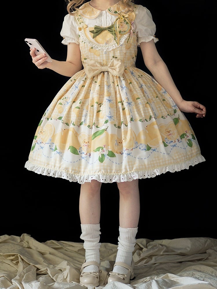Chick Yellow Print Lemon Dress and Sweet Lolita High Waist Gingham