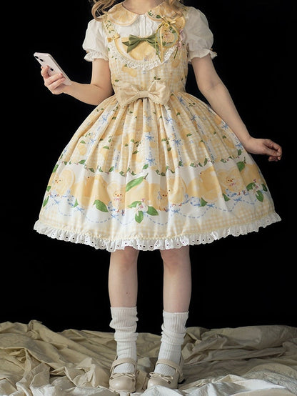 Chick Yellow Print Lemon Dress and Sweet Lolita High Waist Gingham
