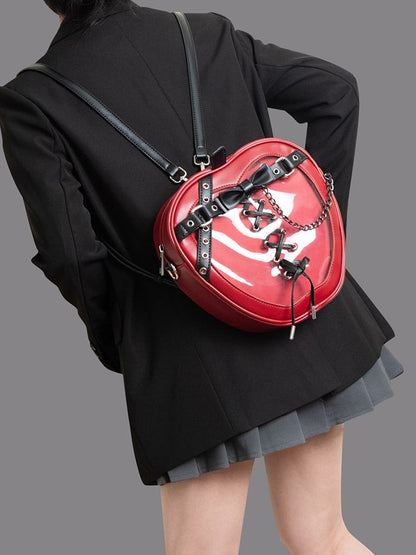 Charming Red Apple-Shaped 2-Way Ita Backpack With Black Belt And Bow Accents Small