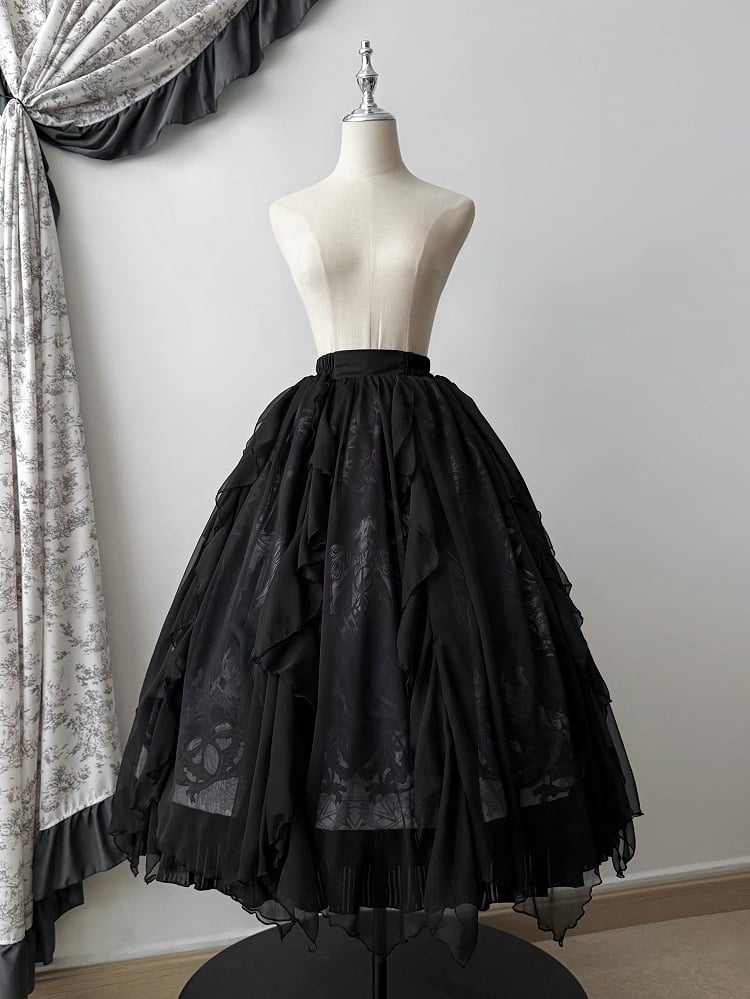 / Print Gothic with Lolita Trims Winged White Black Skirt Goat Cascading Ruffle