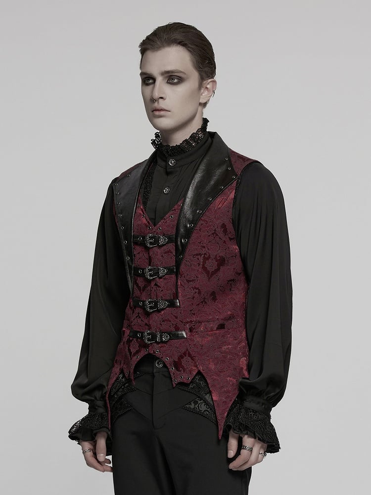 Lapel Jacquard Black Red Gothic Vest Men's