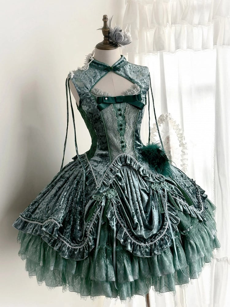 Green Cheongsam Collar Snake Bones Embroidery Velvet Sleeveless Top