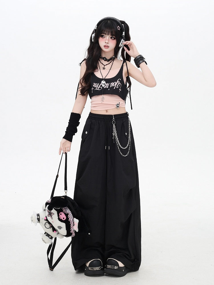 Black Punk Pants Accessory Waist Asymmetrical with Drawstring Waist Wasteland