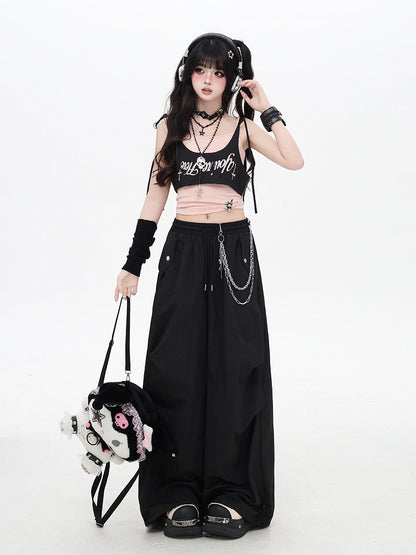 Black Punk Pants Accessory Waist Asymmetrical with Drawstring Waist Wasteland