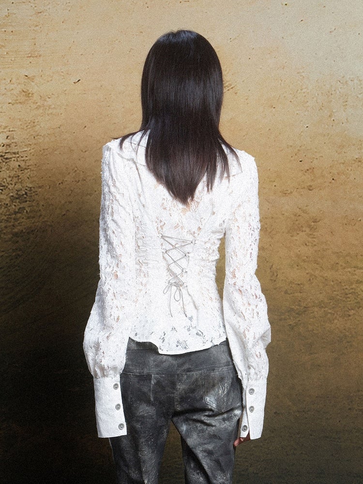 Blouse with Layered Lace-Up Detail Vintage Punk Collar White