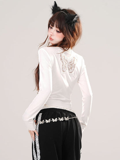 Black/White Lace Butterfly at Back Graphic Cropped Top