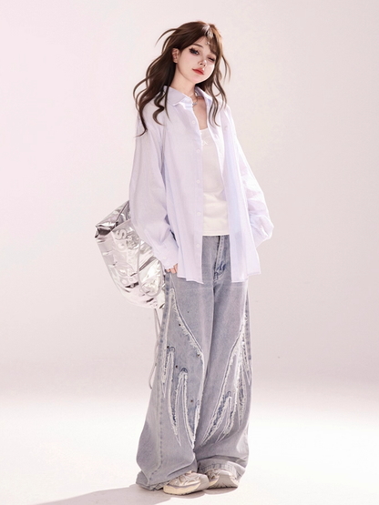 ヴィンテージ ワイドレッグ ジーンズ ライトブルー ライズ ウィングス 刺繍 アップリケ ローカット