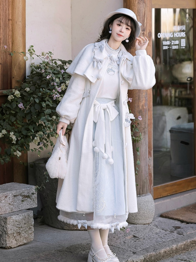 Embroidered Lolita Skirt Winter Set Snowman Blue White Coat Top Elegant + Knitted Castle