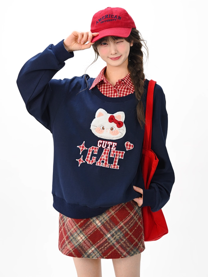 Sweatshirt with Detachable Red Applique Navy Kitty Embroidery Blue Collar Plaid