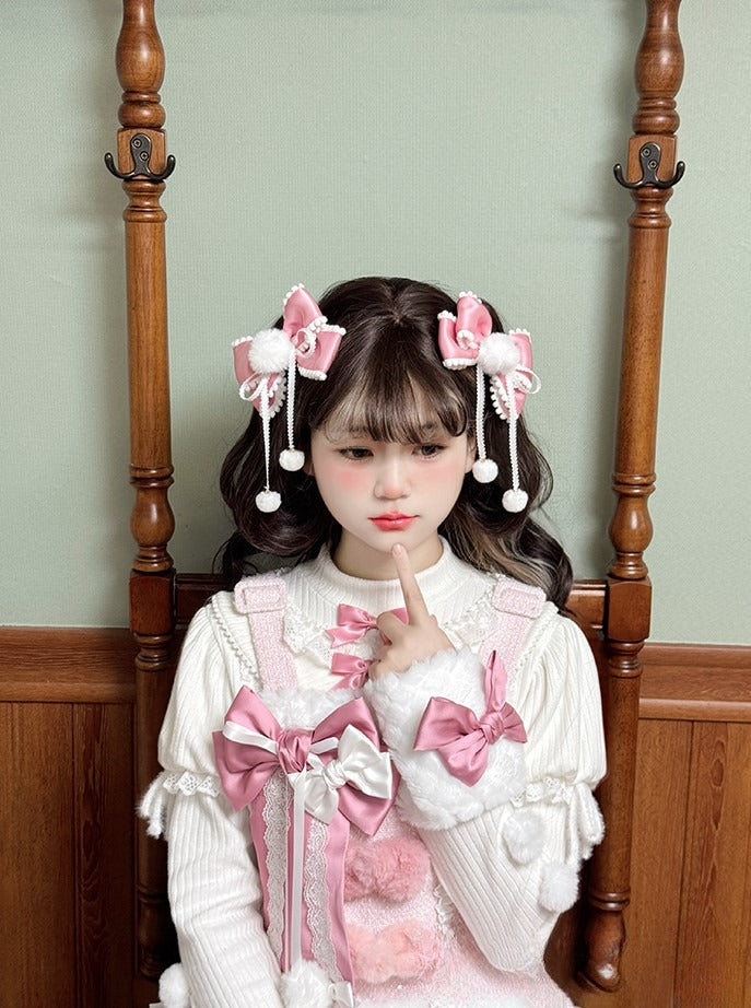 Hairclips Bow Accents Sweet with Pink/Brown Pom-pom Lolita