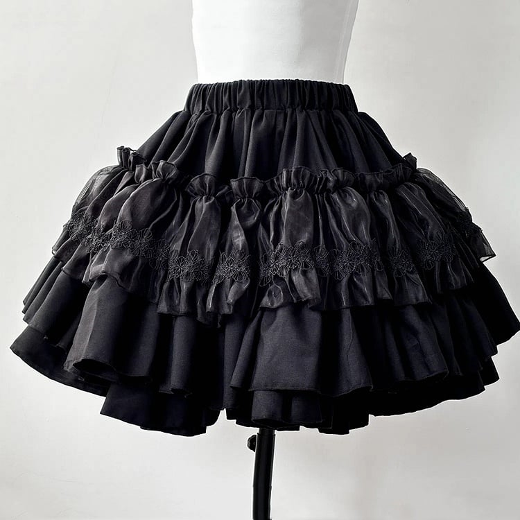 Black Gothic Lolita Tiered Ruffle Puffy Skirt