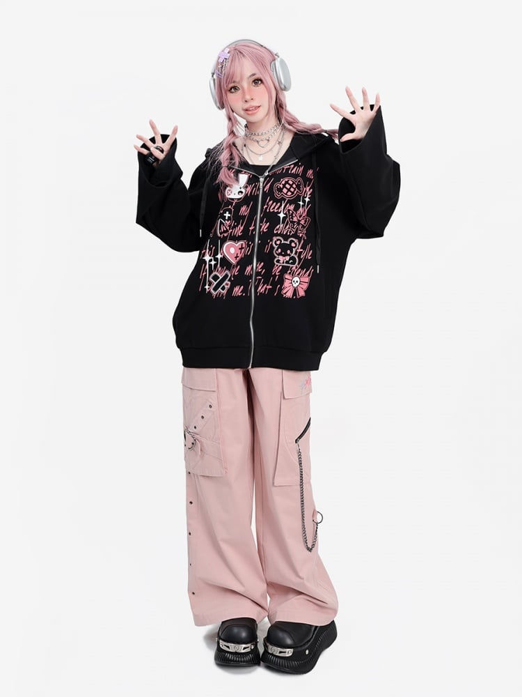 Y2K Graffiti Schwarzer Kapuzenpullover mit Glockenärmeln und lockerem Reißverschluss