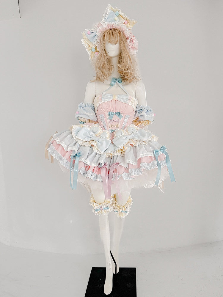 Pink and Blue Sweet Princess Puffy Tiered Ruffle Skirt Boning Dress