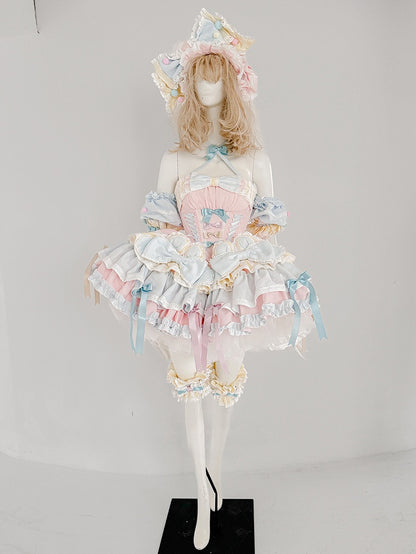 Pink and Blue Sweet Princess Puffy Tiered Ruffle Skirt Boning Dress