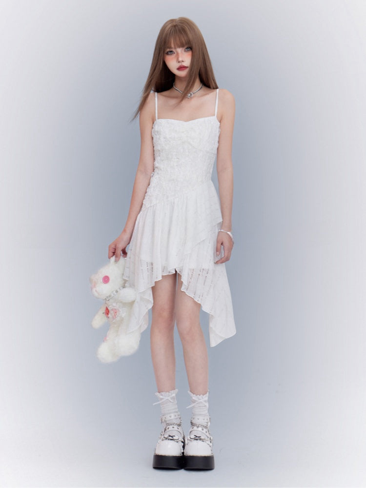 White Asymmetrical Waistline Handkerchief Hem Spaghetti Strap Dress