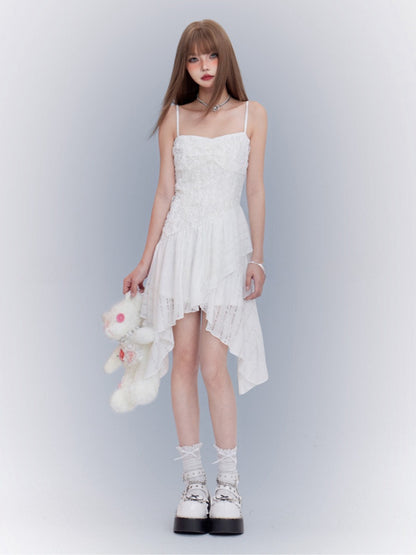 White Asymmetrical Waistline Handkerchief Hem Spaghetti Strap Dress