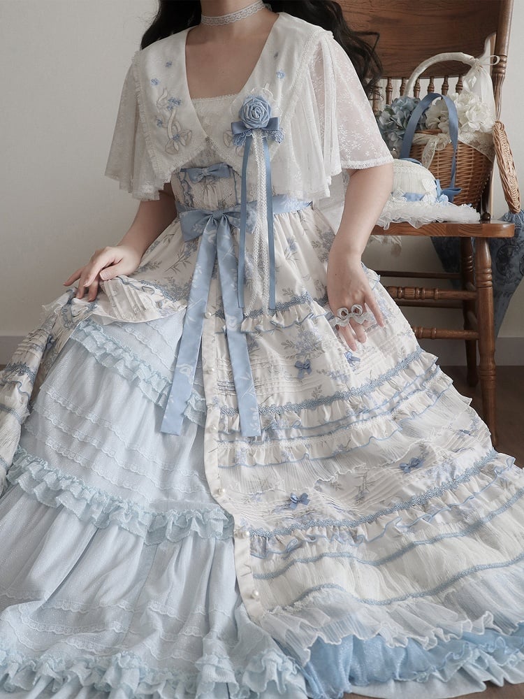 Floral Layered Ruffles Long Elegant Lolita White Version Print Dress Blue Classic