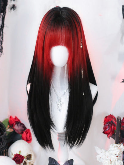 Red & Black Ombre Under Bust Length Straight Wig with Full Bangs