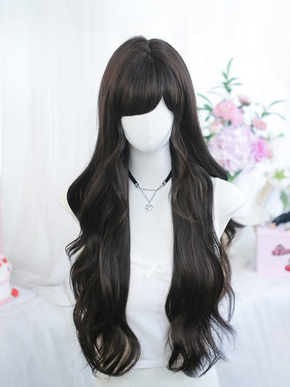 長さ65-70cm、黒、前髪あり、ウェーブウィッグ付き、茶/ブラウン、サイドスウィープ